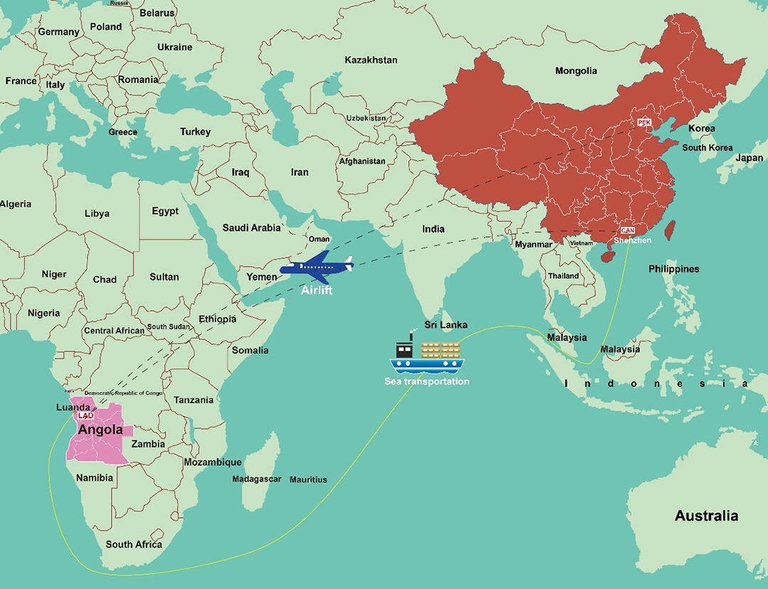 Mercadorias enviadas da China para Angola por via marítima e aérea